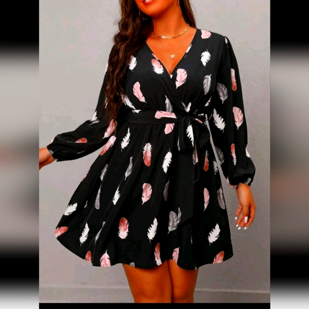 Plus Feather Print Lantern Sleeve Belted Dress